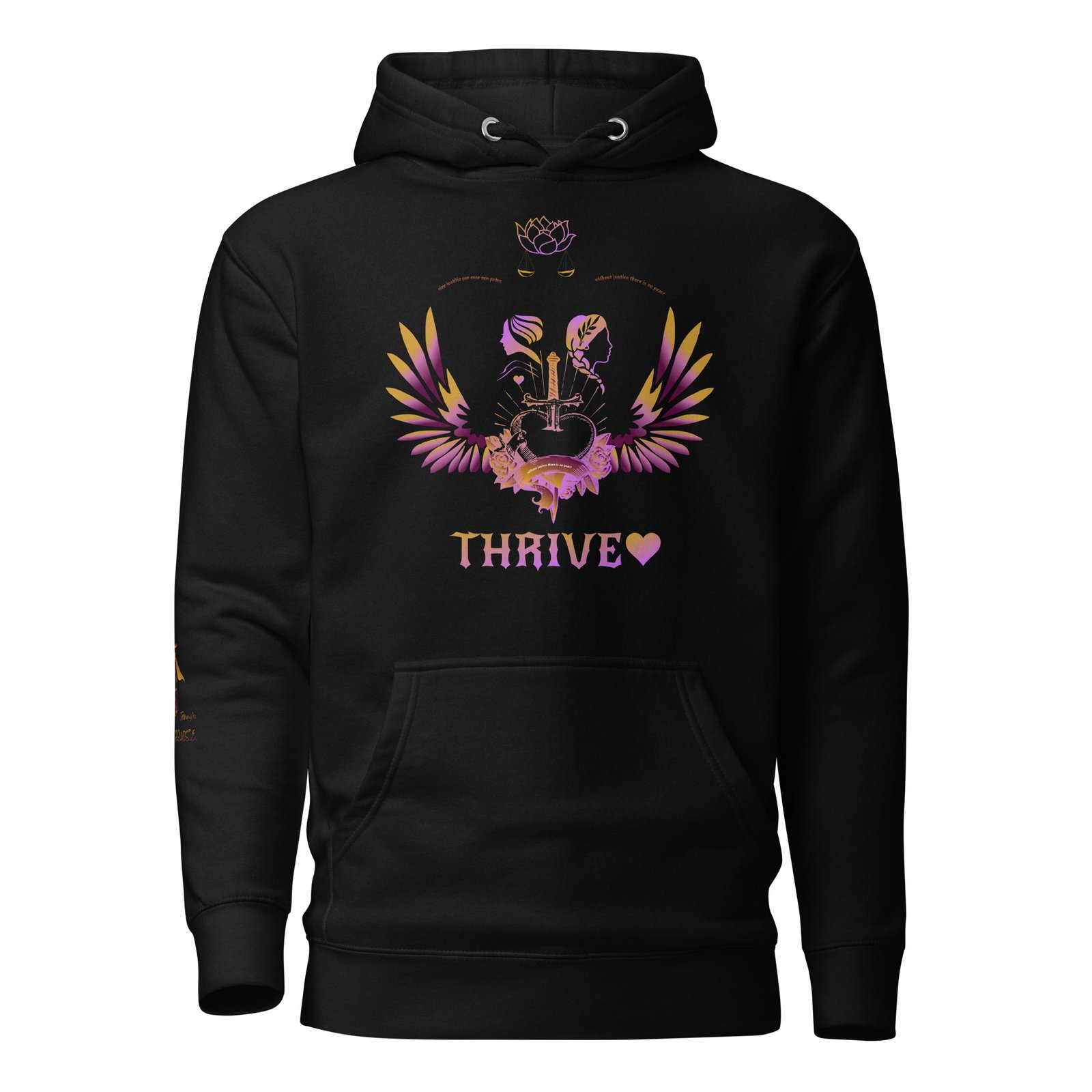 Thrive Purple heart Pierced Heart version of pullover Hoodie (House logo on back and QR on Sleeve) - Image 2