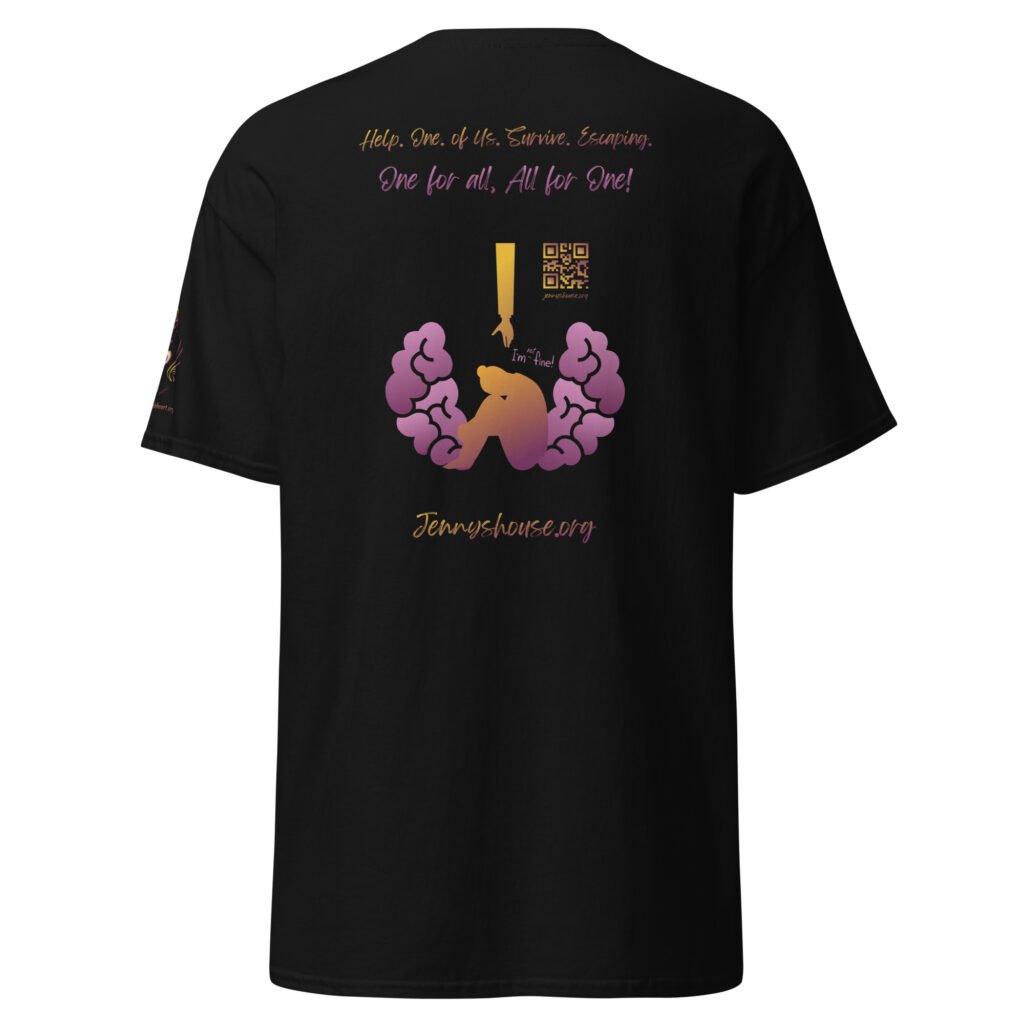 Jenny's HOUSE heart side print dark gradient, all for one on back and Thrive Purple Heart Crest on Sleeve ✦ Safe for work and school