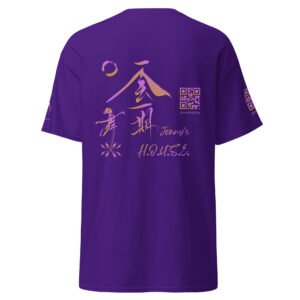 Thrive Purple Heart gradient logo on front ✦ Jenny's HOUSE full logo on back ✦ TPH Crest on sleeve + JH QR on sleeve t-shirt