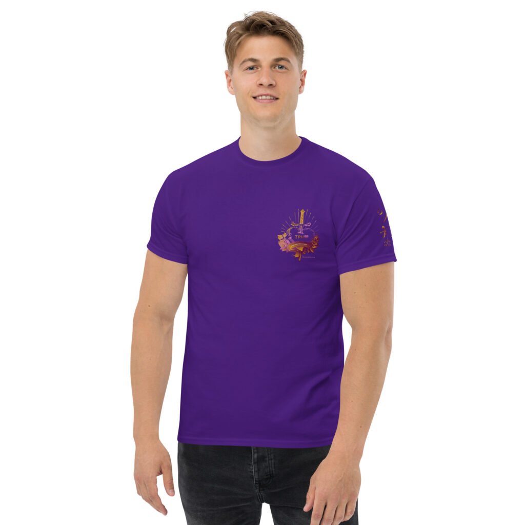 Thrive Purple Heart pierced heart Crest on front and pierced heart gradient logo on back + JH on sleeve t-shirt