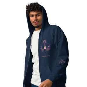 Thrive Purple Heart gradient crest on front heart side and full size logo on back + JH logo with QR on sleeve hoodie