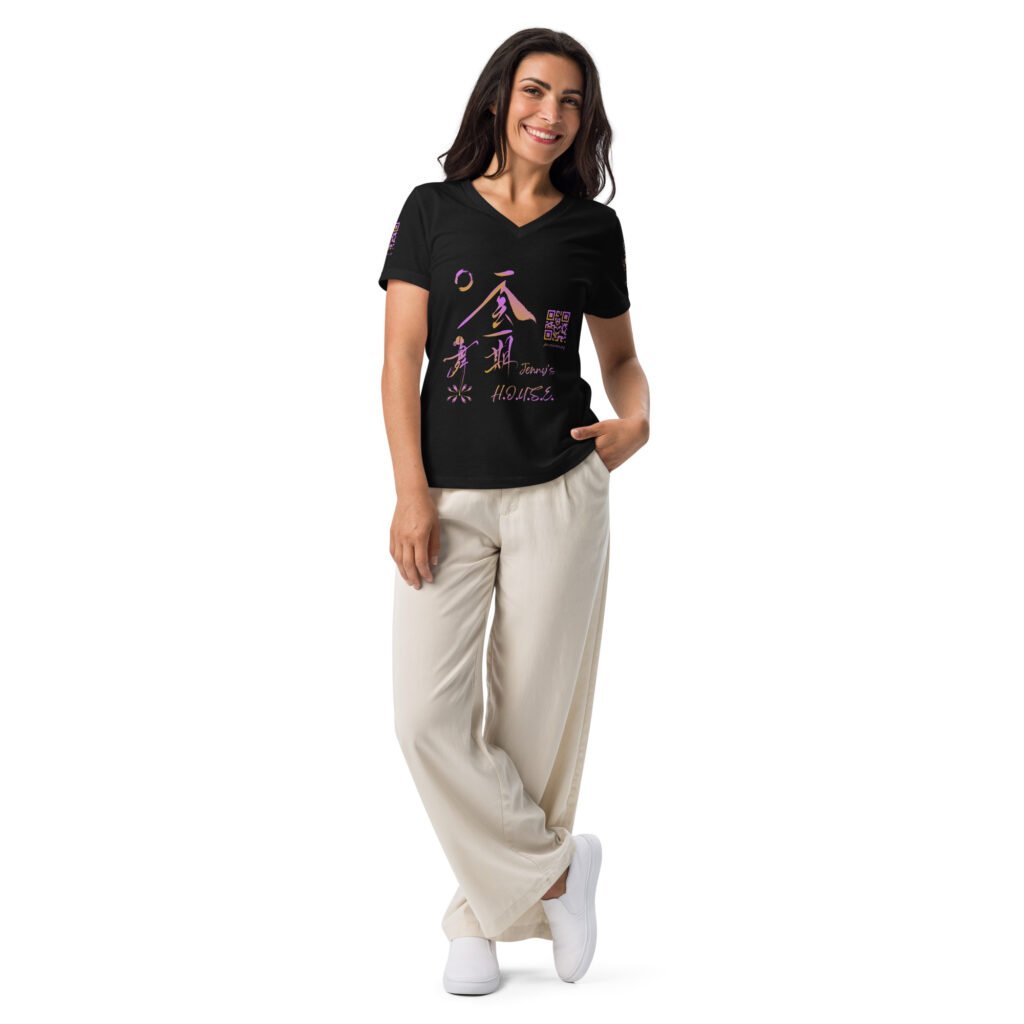 Women’s v-neck JH light gradient front, TPH back, TPH crest on Sleeve and JH QR in pink Women’s relaxed v-neck t-shirt